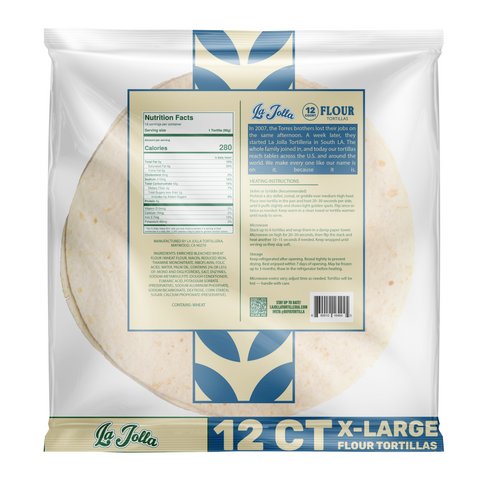 La Jolla Tortilleria extra large flour tortillas 12 count package back with nutrition facts
