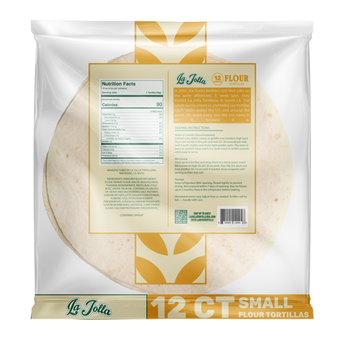 La Jolla Tortilleria small flour tortillas 12 count package back with nutrition facts