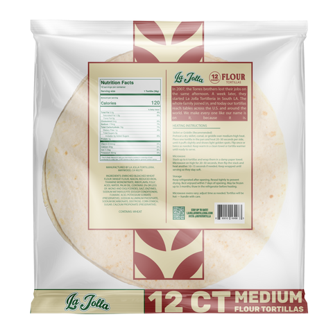 La Jolla Tortilleria medium flour tortillas 12 count package back with nutrition facts